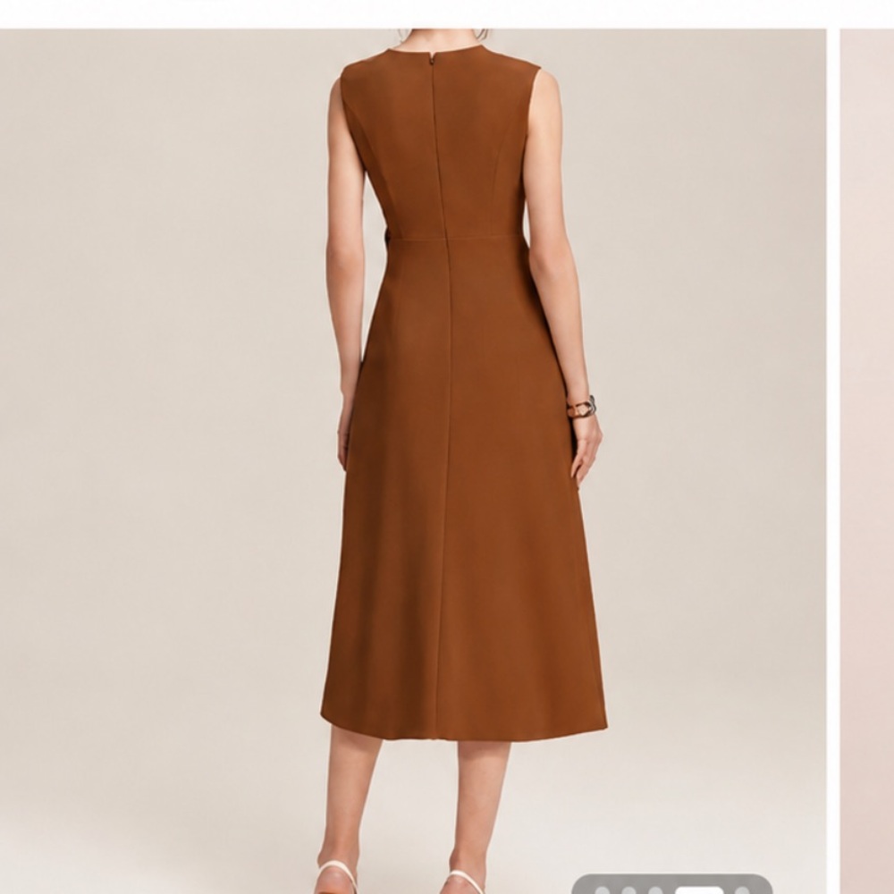 NWT Fehaute Spice Terracotta Brown Asymmetrical Sleeveless Flounce Midi Dress 10 - Picture 3 of 13